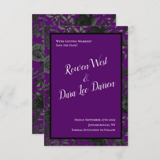 紫と黒のバラゴシックの結婚式の日付を保存 招待状 (正面/裏面)