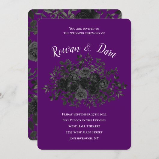 紫と黒のバラゴシック結婚式招待状 招待状 (正面/裏面)