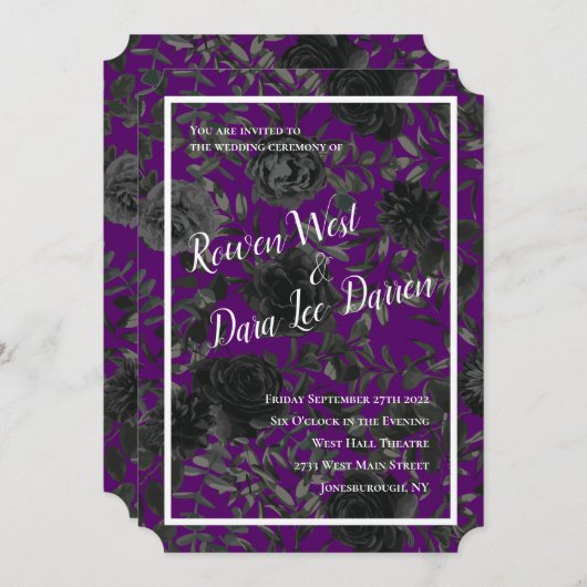紫と黒のバラゴシック結婚式招待状 招待状 (正面/裏面)