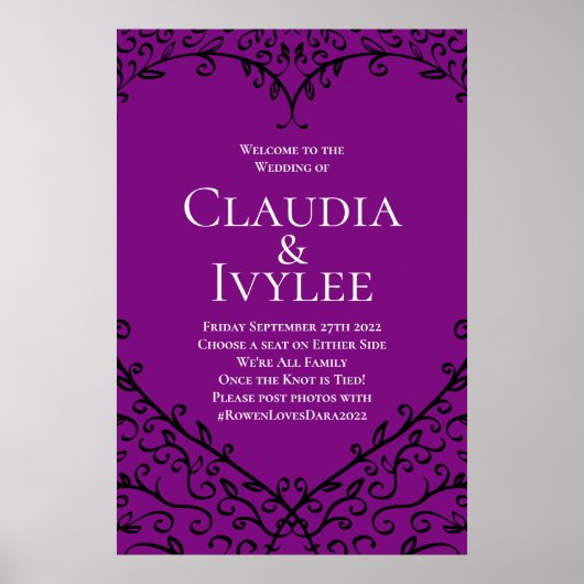 紫と黒のバラゴシック結婚様式の式サイン ポスター (正面)