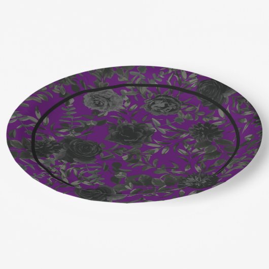 紫と黒のバラゴシッ結婚クの紙プレート ペーパープレート (アングル)