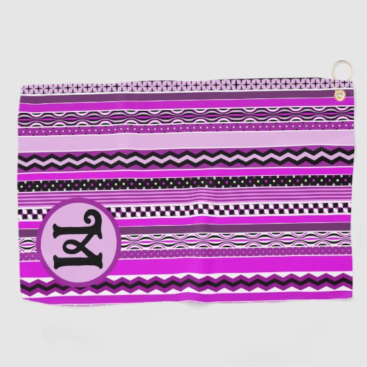 紫と黒のパター遊ンストライプのパーソナライズされた ゴルフタオル (横)