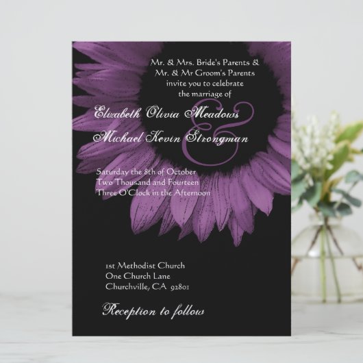 紫と黒のヒマワ結婚リの大きさ 招待状 (スタンド正面)