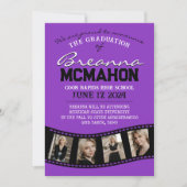 紫と黒のフィルムストリップの卒業発表 招待状 (正面)