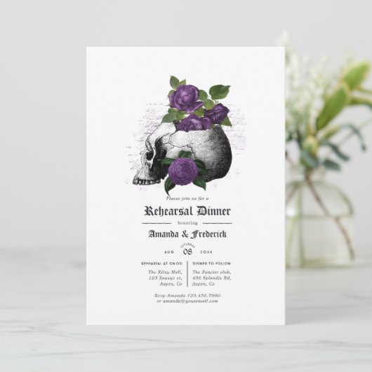 紫と黒のフローラゴシック様式のリハーサルディナー 招待状 (スタンド正面)