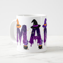 紫と黒のママウィッチの帽子と鍋のドリップデザイン ジャンボコーヒーマグカップ