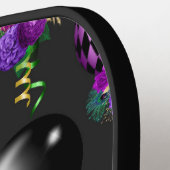 紫と黒のマルディグラスバルーン花の房 ピックルボールラケット (左詳細)