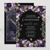 紫と黒のムーディな花飾りのゴシックスタイルのキンセアニェラ 招待状 (正面/裏面)