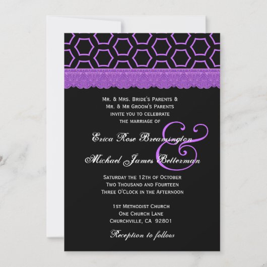 紫と黒のレトロレースモノグラ結婚ムV22 招待状 (正面)