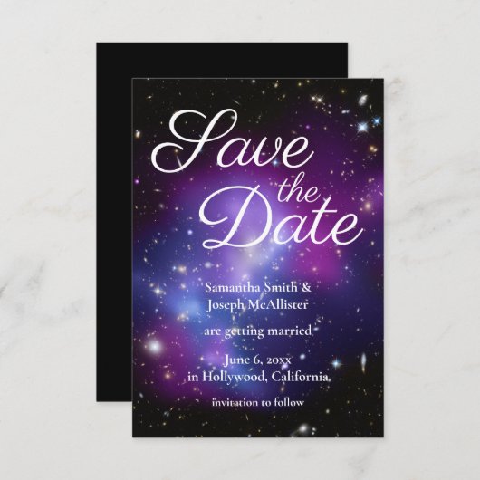 紫と黒の宇宙写真の日付を保存 招待状 (正面/裏面)