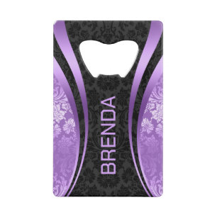 紫と黒の幾何学的デザインダマスクアクセント クレジットカード栓抜き