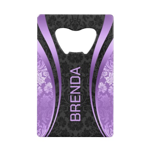 紫と黒の幾何学的デザインダマスクアクセント クレジットカード栓抜き (正面)