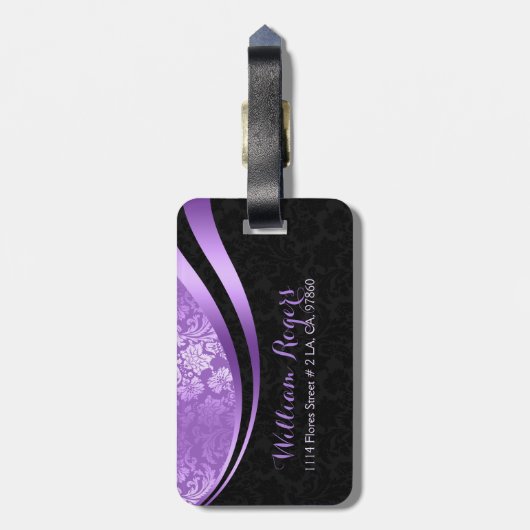 紫と黒の幾何学的フローラマスク ラゲッジタグ (裏面縦)