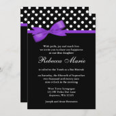 紫と黒の水玉模様トップボウバルミツワー 招待状 (正面/裏面)