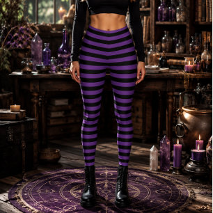 紫と黒の縞模様のハロウィーン魔女 レギンス