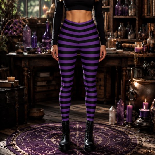 紫と黒の縞模様のハロウィーン魔女 レギンス