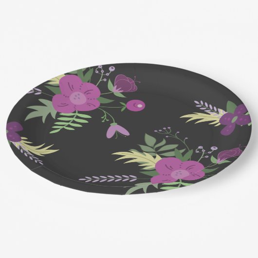 紫と黒の花デザイン ペーパープレート (アングル)