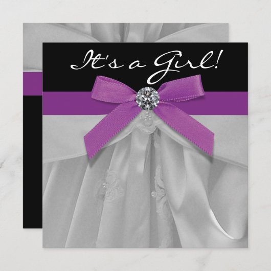 紫と黒の赤ちゃん女の子シャワー 招待状 (正面/裏面)