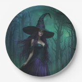 紫と黒の邪悪なハロウィーンの魔女 ペーパープレート (正面)
