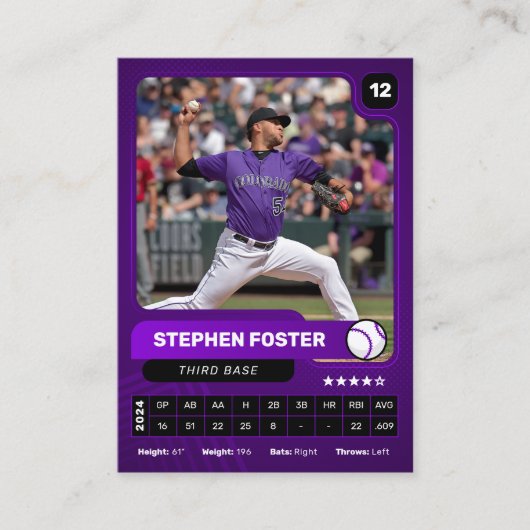 紫と黒の野球選手のトレーディングフォトカード コーリングカード (正面)