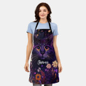 紫と黒の「フローラ猫」 エプロン (着用した状態)