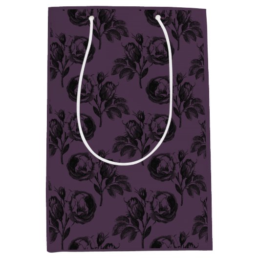 紫と黒ゴシックの花柄ハロウィーン ミディアムペーパーバッグ (正面)