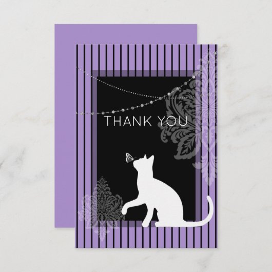 紫と黒ストライプの猫と白猫 サンキューカード (正面/裏面)