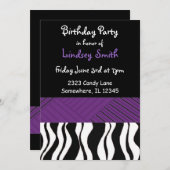 紫と黒ゼブラプリント誕生日招待状 招待状 (正面/裏面)