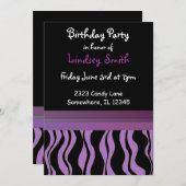 紫と黒ゼブラプリント誕生日招待状 招待状 (正面/裏面)