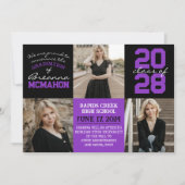 紫と黒4枚の写真卒業のお知らせ 招待状 (正面)