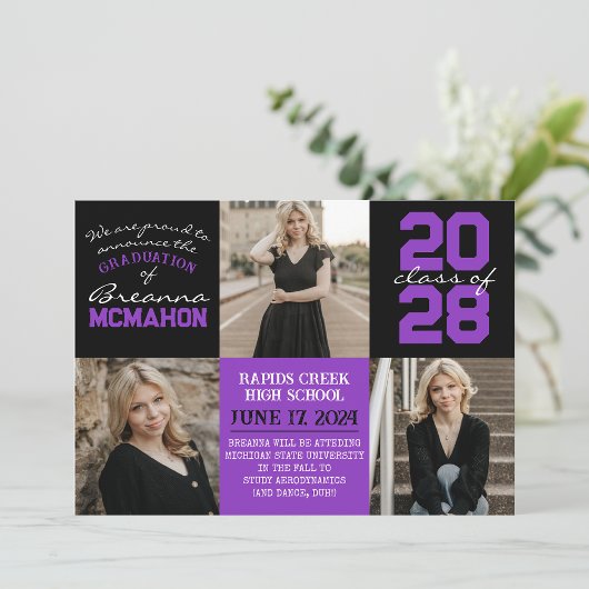 紫と黒4枚の写真卒業のお知らせ 招待状