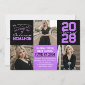 紫と黒4枚の写真卒業のお知らせ 招待状 (正面)