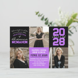 紫と黒4枚の写真卒業のお知らせ 招待状