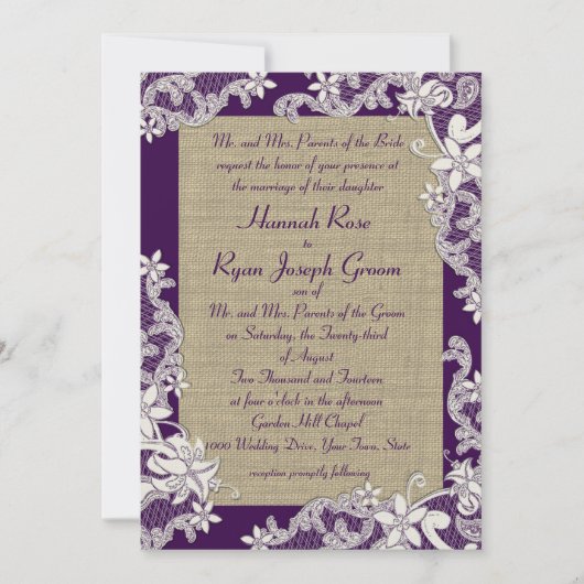 紫とBurlapのヴィンテージフローラ 招待状 (正面)
