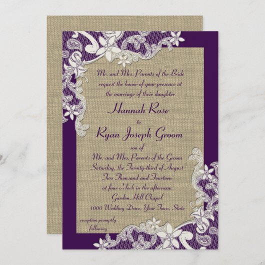 紫とBurlapのヴィンテージフローラ 招待状 (正面/裏面)
