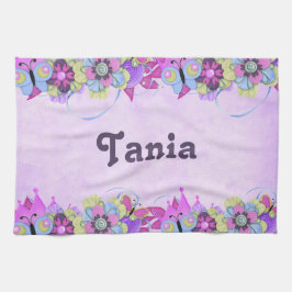 紫にかわいい花と蝶 キッチンタオル