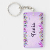 紫にかわいい花と蝶 キーホルダー (正面)