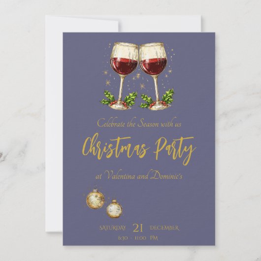 紫にワイングラスを持つクリスマスパーティー 招待状 (正面)