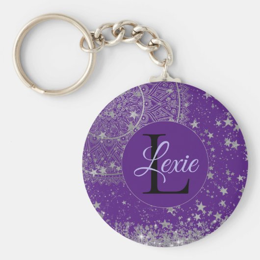 紫に銀色の星を持つ魅惑の曼荼羅 キーホルダー (正面)