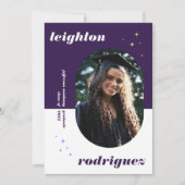 紫のおもしろい丸い写真卒業のお知らせ 案内状 (正面)