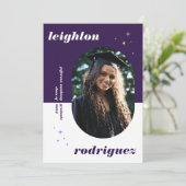 紫のおもしろい丸い写真卒業のお知らせ 案内状 (スタンド正面)