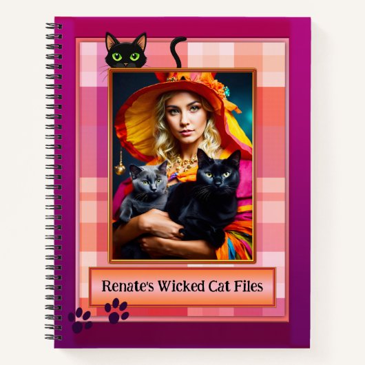 紫のおもしろい格子柄の悪い猫ファイル写真 ノートブック (正面)