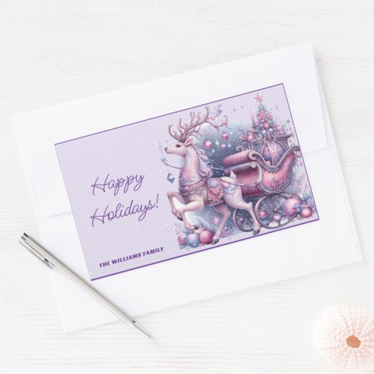 紫のお洒落クリスマス・トナカイ 長方形シール (封筒)