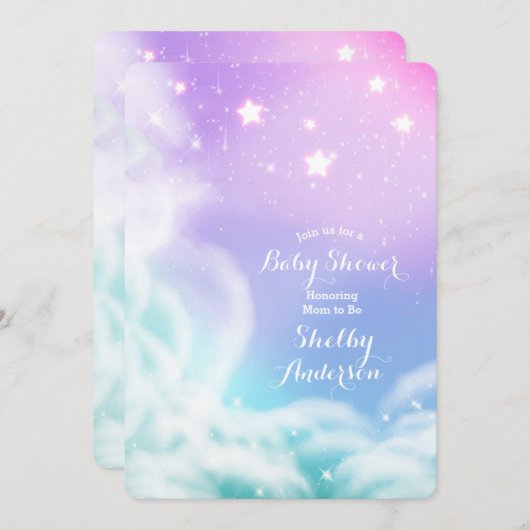 紫のお洒落ピンクの輝く雲の赤ちゃんシャワー 招待状 (正面/裏面)