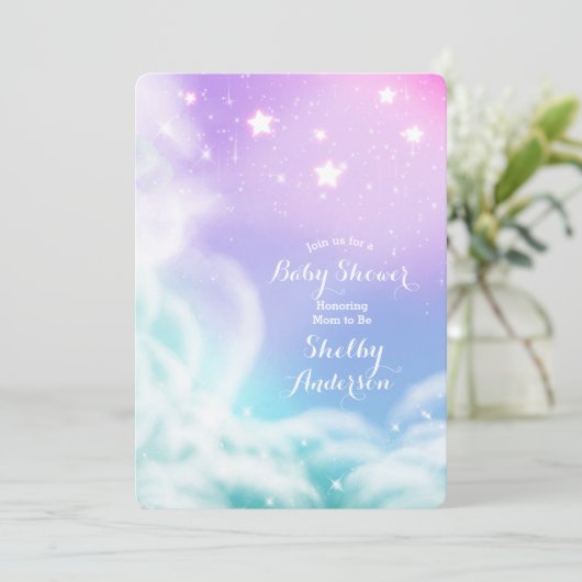 紫のお洒落ピンクの輝く雲の赤ちゃんシャワー 招待状 (スタンド正面)