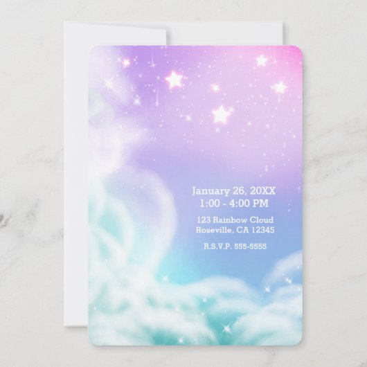 紫のお洒落ピンクの輝く雲の赤ちゃんシャワー 招待状 (裏面)