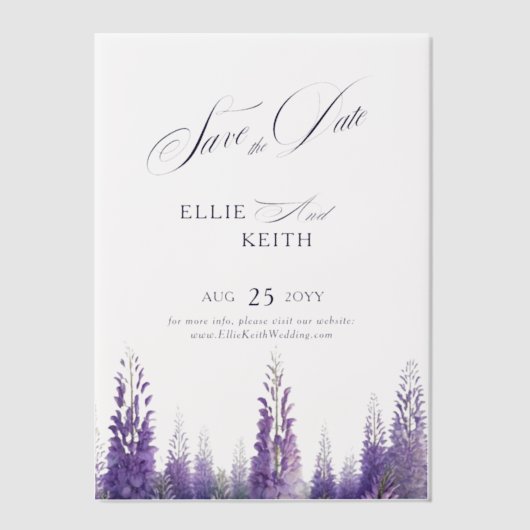 紫のお洒落フローラ結婚式の日付を保存 ベラム紙招待状 (正面)