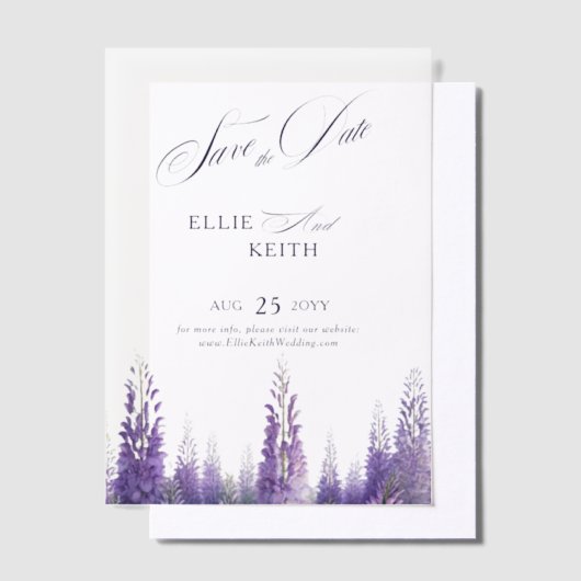 紫のお洒落フローラ結婚式の日付を保存 ベラム紙招待状 (オフセット)