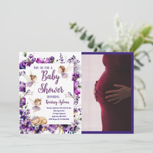 紫のお洒落妖精の赤ちゃんシャワー 招待状 (スタンド正面)