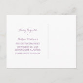 紫のお洒落花飾り日付はがきを保存 案内ポストカード (裏面)